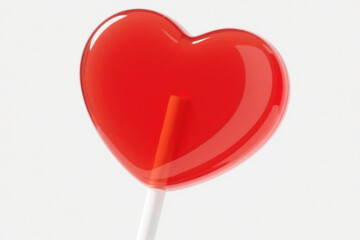 Vivid red heart-shaped lollipop with a smooth, glass-like glossy surface and strong three-dimensional shape, featuring rounded edges, a natural central indentation