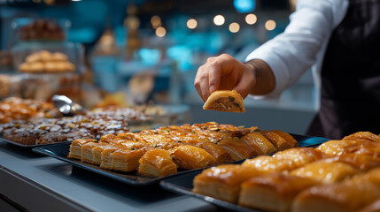 Defocused customer selecting while sharp traditional Middle Eastern pastries with nut filling stay focused, with copy space