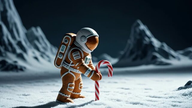 Gingerbread astronaut exploring icy terrain with candy cane on alien planet