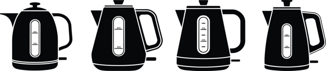 Electric kettle silhouette set, black vector icons, modern appliance shapes, water level indicators, kitchen equipment design, boiling device graphic, household item illustration, minimal style