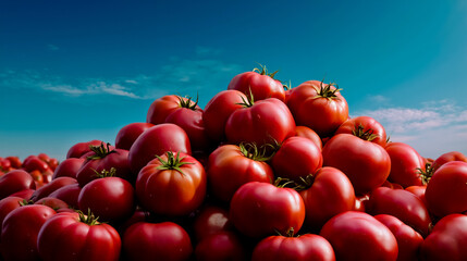 A large pile of red tomatoes with green stems