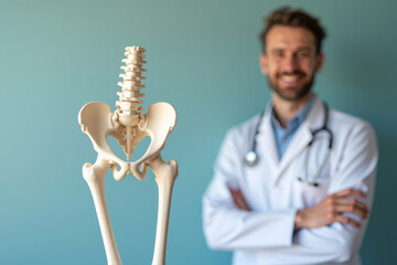 A male doctor (osteopath) and pelvic bone model. AI