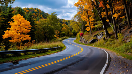 Obraz premium A winding road through a forest with autumn foliage
