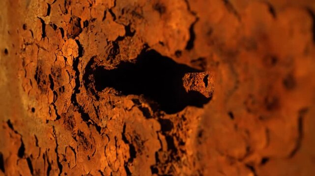 Cinematic Push-In Shot Through a Hole in a Rusty Metal Surface. Gritty, decaying texture in warm, dramatic light. Suspenseful, mysterious, and abstract background.
