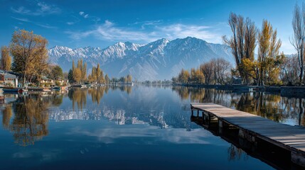Commercial high-resolution photo of serene lake reflecting snowcapped mountains and autumn trees with a wooden pier.