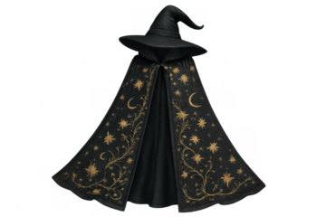 Witch hat and cloak featuring celestial embroidery on transparent background