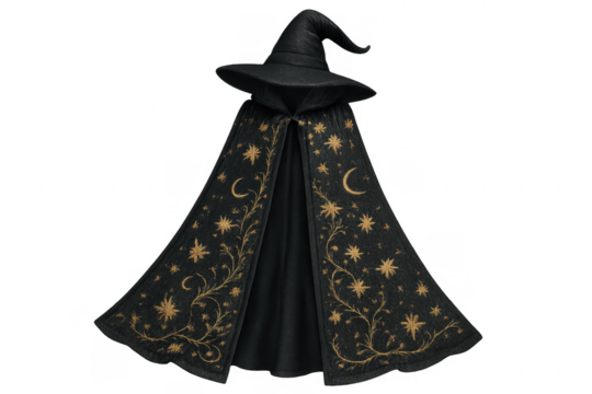 Witch hat and cloak featuring celestial embroidery on transparent background