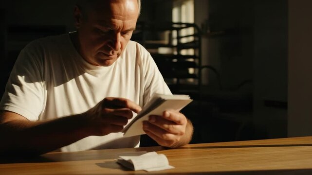 Focused man sorting cards in sunlit room, deep concentration and skillful hands
