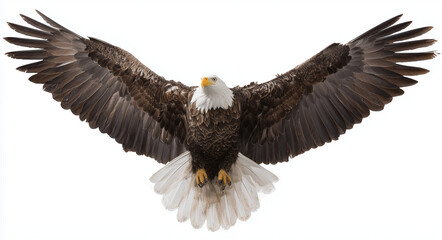 Obraz premium Majestic bald eagle soars with impressive spread wings full-body image against a white background, bald eagle, eagle, flying, wings, soaring, predator, wildlife, nature, freedom, American eagle