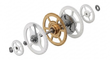 Bronze escapement gear in white clockwork assembly - Mechanical engineering exploded view - Precision gear mechanism illustration on clean background