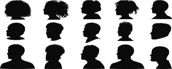 Diverse collection of fifteen black and white anonymous human head and shoulder silhouette profile portraits, people set with various hairstyles and ages for avatars and user icons