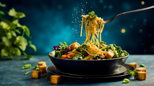 A close-up of a bowl of noodles and vegetables being served with a fork