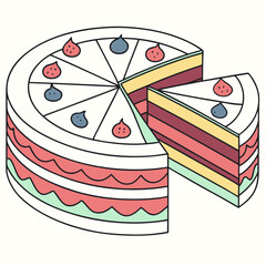 A colorful cartoon illustration of a layered cake with a slice removed decorated with frosting and fruit shapes perfect for celebrations and sweet treats