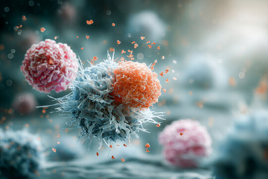 Immunzellen greifen Krebszellen an &ndash; Mikroskopische 3D-Darstellung des Immunsystems