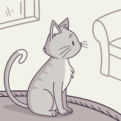 Cute cartoon grey cat sitting on a rug looking towards a window and a sofa in a minimalist style illustration