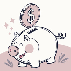 Cute cartoon piggy bank with a dollar coin being inserted representing saving money and financial growth with a happy expression and sparkling stars