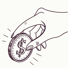 Hand holding a single dollar coin with a prominent dollar sign in a simple line drawing style