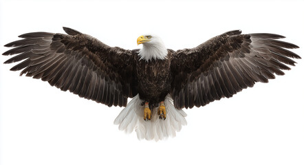 Obraz premium Majestic bald eagle soars with impressive spread wings full-body image against a white background, bald eagle, eagle, flying, wings, soaring, predator, wildlife, nature, freedom, American eagle
