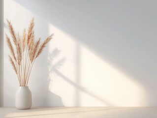 Minimalist Decor with Dried Grass in a White Vase on a Sunny Day