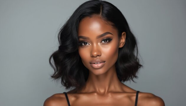 Beautiful black woman with pro makeup, wavy dark hair. Young attractive african american model with perfect glowing skin looks at camera. Glamour female face with nude lipstick poses in studio on