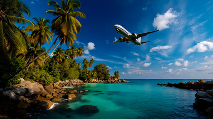 Naklejka premium A large airplane flying over a tropical beach with clear blue water and palm trees