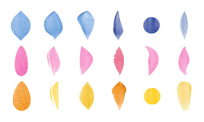 Watercolor painted petals are displayed in varying shapes and a variety of soft colors, including blue, pink, and yellow. These are isolated on a white background as a set.