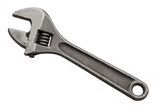Adjustable wrench tool with metal texture for repair work, service, and maintenance on transparent background