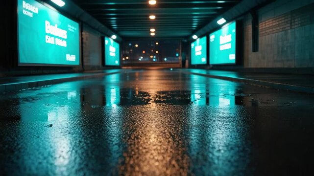 Rainy urban underpass with reflections creating a moody city atmosphere