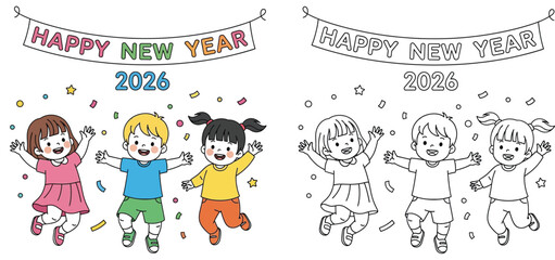 Happy New Year 2026 Celebration with Joyful Diverse Kids and Confetti - Colorful and Outline Versions for Creative Projects