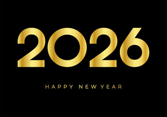 Golden 2026 Happy New Year on dark background. Elegant minimalist festive banner for greeting, holiday, and design projects.