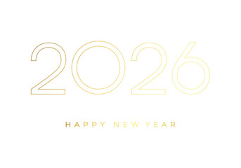 Gold 2026 Happy New Year on white background. Elegant minimalist festive design for greeting cards, posters, and web banners.