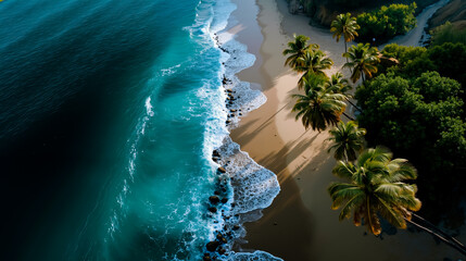 Aerial view of a tropical beach with clear blue water white foam and palm trees