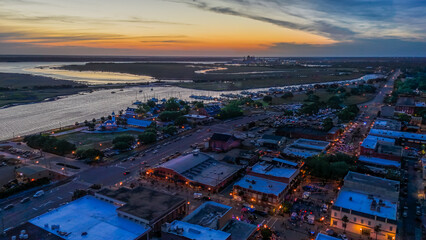 Aerial landscape of coastal downtown Brunswick city summer sunset in southeast coast of Georgia