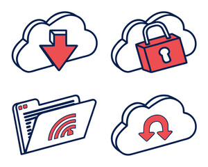 Isometric download from cloud storage with folder and padlock isolated on white