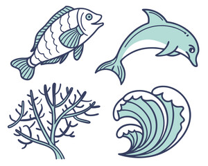Marine life illustration featuring fish and dolphin