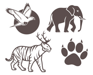 Wildlife icons with eagle, elephant, tiger and paw