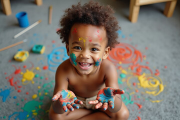 Cute little boy with painted dirty hands and cheeks sitting on dirty carpet. AI