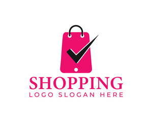 Adobe Illustrator Shopping logo design featuring a shopping bag with a check mark, symbolizing quality and secure online shopping, isolated on white background