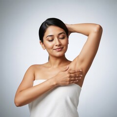 A beautiful young indian woman with dark hair, wearing a white towel, touching her clean and smooth underarm, with a gentle smile and eyes closed, isolated on white background