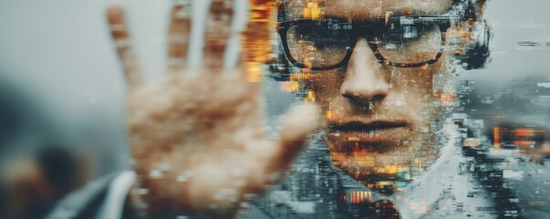 Futuristic image of a man interacting with a digital holographic interface