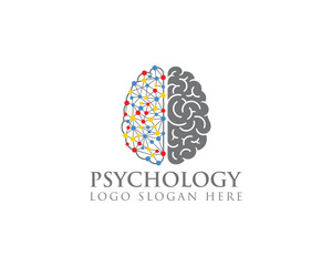 Creative psychology logo featuring a brain with connected dots, isolated on white background represents intelligence, mind, memory, and cognitive function