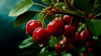 Obraz premium A close-up photograph of a cluster of red cherries with droplets of water on them hanging from a tree branch with green leaves