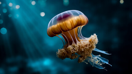 A vibrant colorful jellyfish floating in the ocean