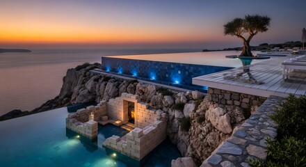 Luxury resort with infinity pool overlooking the sea at sunset in greece