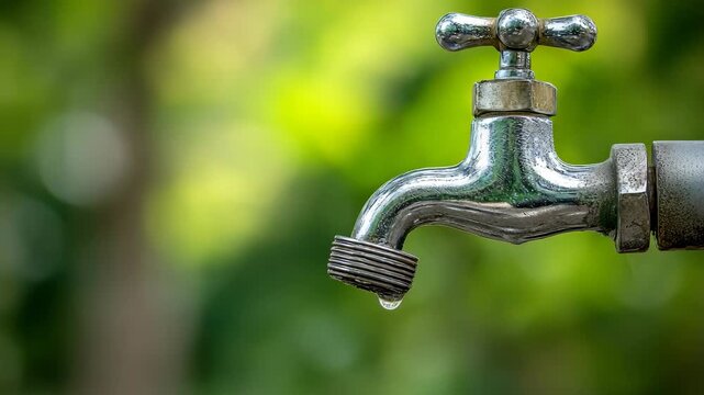 A modern chrome water faucet with a single drop of water falling, highlighting water conservation
