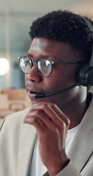 Agent, man or talking with headset in call center for lead generation, product knowledge or sales. Telemarketing, black person and discussion with outbound client for conflict resolution or follow up
