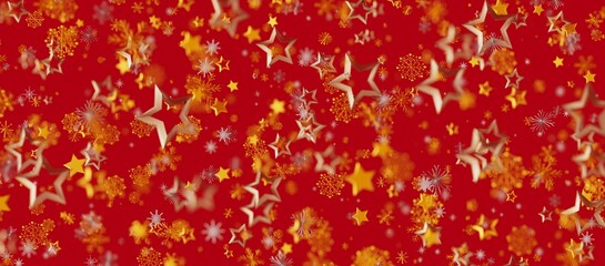 Christmas background with golden stars and snowflakes on a red background. Festive and joyful design, perfect for holiday greetings and seasonal © vegefox.com