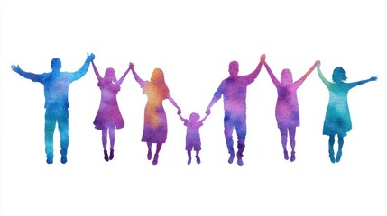 Fototapeta premium Colorful Silhouettes of Family Celebrating Together in Unity, Symbolizing Love, Joy, and Togetherness in a Vibrant Watercolor Style