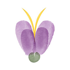 This is a watercolor illustration of a single flower with purple petals, a green base, and yellow stamen. It is isolated on a white background and suitable for various designs.