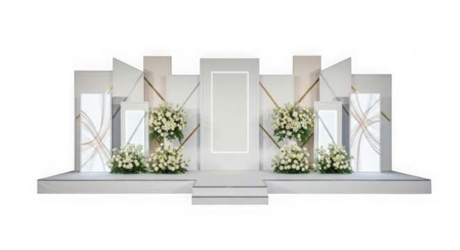 Elegant wedding stage decoration with floral arrangements isolated on transparent background